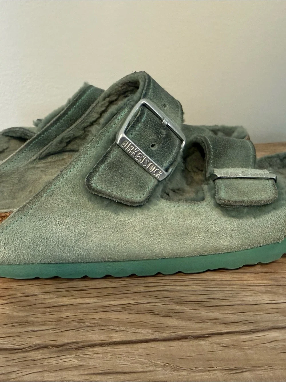 Birkenstock Teal Suede Two-Strap Plush Footbed Sandals